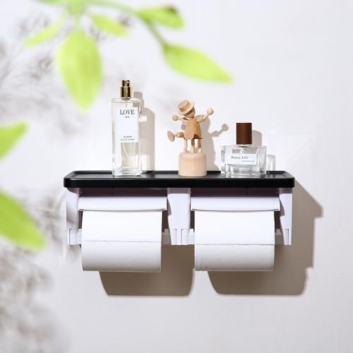 Black Toilet Paper Holder with Storage Shelf, Matte Black Toilet Paper Holder with Storage, Black Double Toilet Paper Holder with Shelf for Bathroom - color: Abs Black&white, size: Full