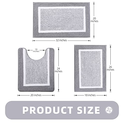 Bathroom Rugs Sets 3 Piece with U-Shaped Contour Toilet Mat Shower Rugs Absorbent Microfiber Plush Bath Mats Non Slip Bath Rugs Shaggy Floor Mats Machine Washable - color: Light Grey