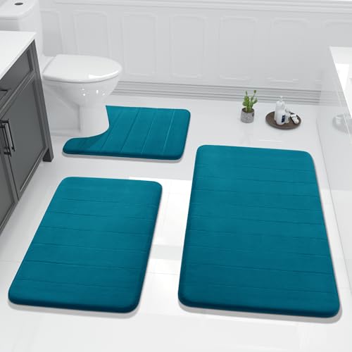 Yimobra 3 Pieces Memory Foam Bath Mat Set with U-Shaped Toilet Rug - Non Slip Super Soft Absorbent Quick Dry Bathroom Rugs for Bathtub, Vanity & Toilet Base, Peacock Blue - color: Peacock Blue, size: 44''x24'' + 31.5''x20'' + 24''x20''