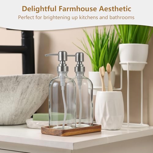 Clear Glass Soap Dispenser Set with Acacia Wood Tray, Refillable Hand Soap Pump Bottle for Kitchen, Bathroom Countertop, Modern Farmhouse Soap Dispenser Set - color: Clear
