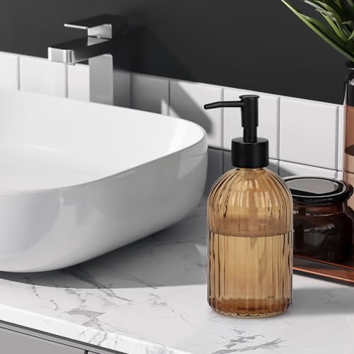 1 Pack 13.5oz Glass Soap Dispenser with Plastic Pump, Vertical Stripe Design Refillable Hand Soap Dispenser for Hand Wash - color: Dark Brown