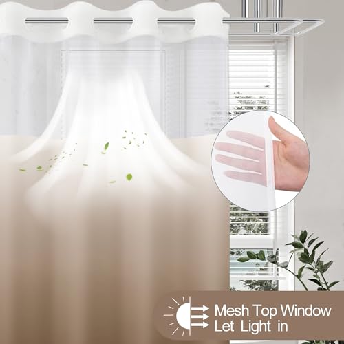 No Hook Shower Curtain with Snap in Liner, Ombre Brown Shower Curtains and Liner Set, Hotel Fabric Bath Curtain for Bathroom, Mesh Top Window Waterproof Washable, 71" x 74" - color: Ombre Brown, size: 71"W x 74"L (Pack of 1)