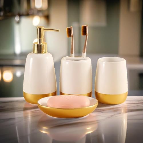 Elegant White with Gold Bathroom accesory Set 4pc,Toothbrush Holder soap Dispenser soap Dish Tumbler Cup for Bathroom Decor Morden Style (White 2) - style: WHITE 2