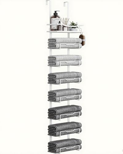 Hanging Towel Racks for Bathroom No Drill - Over The Door 8-Tier Bath Towel Storage Organizer for Small Bathrooms - Back Door Large Tiered Towel Holder Hanger for Rolled Towels RV Camper White - color: White, size: 8 Tier