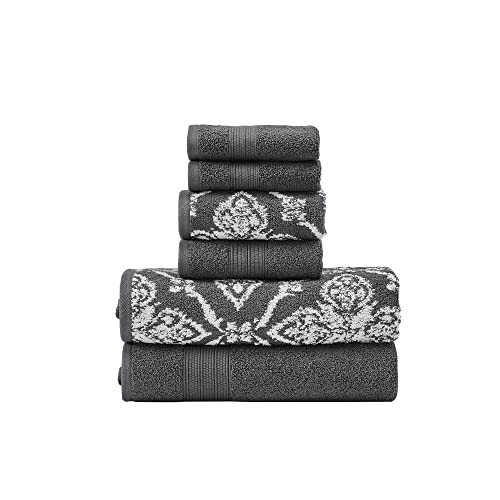 Modern Threads Amaris 6-Piece Reversible Yarn Dyed Jacquard Towel Set - Bath Towels, Hand Towels, & Washcloths - Super Absorbent & Quick Dry - 100% Combed Cotton, Coal - color: Charcoal Grey, style: Bohemian
