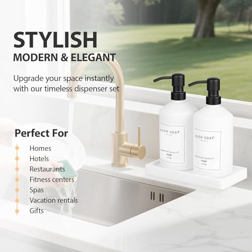 White Glass Kitchen Soap Dispenser Set, 17 OZ Hand and Dish Soap Dispenser Set with Rustproof Stainless Pump, 14 Waterproof Labels, Non-Slip Tray, Modern Bathroom Accessories(White Bottle/Black Pump) - color: White Bottle + Black Pump