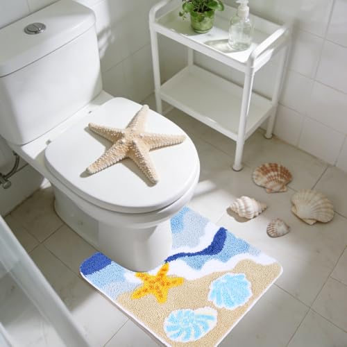 Whaline Summer U Shaped Toilet Mat Bath Rug Absorbent Ocean Wave Beach Seashell Starfish Bathroom Mat for Summer Coastal Toilet Base Bathroom Floor, 19.7 x 23.6 Inch