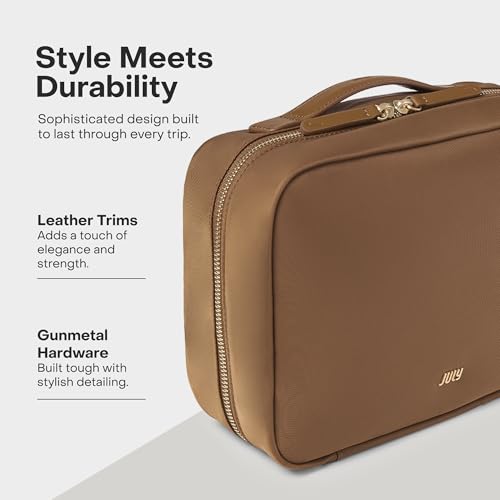 July Hanging Toiletry Bag with Hidden Hook, Clear & Leak-Resistant PVC Pocket, Toothbrush Tab, Water-Resistant Nylon and Leather Trims - Travel Essentials Bag, Bathroom Travel Organizer - Light Brown - color: Light Brown