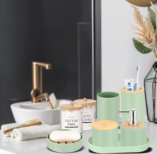 IMAVO Bathroom Accessory Set-11Pcs Green Bathroom Accessories Set with Trash Can,Soap Dispenser,Soap Dish,Toothbrush Holder,Toothbrush Cup,Toilet Brush Holder,Qtip Holder Dispenser with Labels - color: Green, size: 11 PCS Bathroom Set