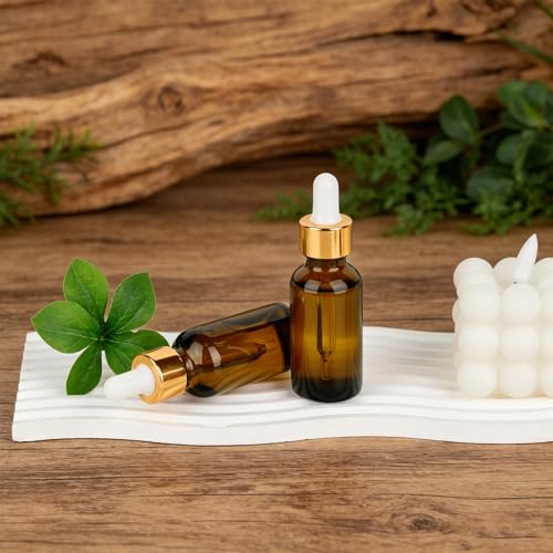 24 Pack 1oz Amber Glass Bottles with Golden Top Eye Droppers for Essential Oils, Perfumes (Brush, Funnels, 2 Extra Droppers, 36 Pieces Labels & 30ml Measuring Cup Included) - color: Amber-Gold Cap