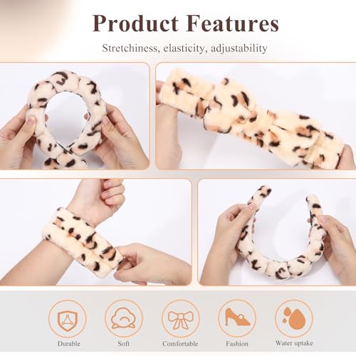 Headband for Washing Face Wristband Set, Leopard | Soft absorbent fabric, snug head-hugging fit for face washing, skincare, makeup, masks, travel, women and teen girls - color: Brown leopard print