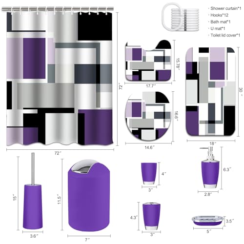 Lnond Purple Bathroom Set, 23-Piece Purple Black Geometric Bathroom Decor Set with with Shower Curtain and Rugs, Trash Can, Toilet Brush Holder Set & Soap Dispenser - style: Purple Black Geometric