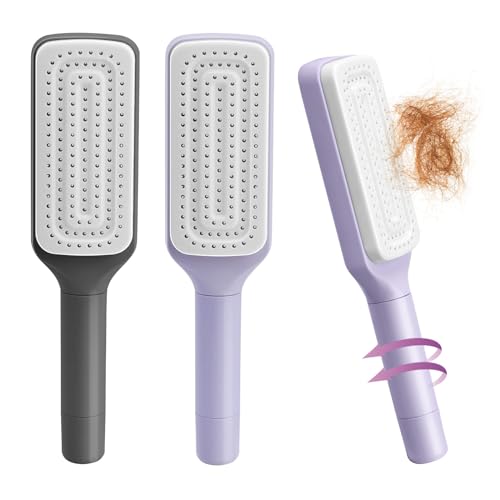 2PCS Self-Cleaning Massage Brush and Telescopic Comb - One-Click Cleaning, Rotating and Airbag Massage, Suitable for All Hair Types (Purple + Gray)