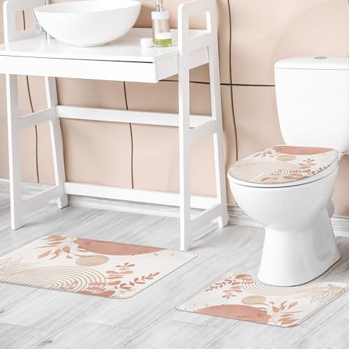 Riyidecor Boho Pink Gold 4Pcs Bathroom Shower Curtain Sets Mid Century Modern Minimalist Leaves Bathroom Decor Set with Rugs and Accessories Abstract Toilet Lid Rug, Contour and Bath Mat with 12 Hooks - color: 02pink Gold