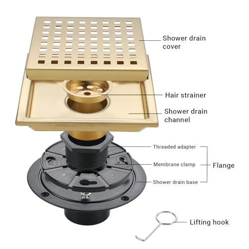 6 Inch Square Shower Floor Drain, Stainless Steel Black Shower Drain Kit with Flange, Floor Drain with Removable Grid Cover,Brushed Gold - color: Brushed Gold, size: 6 inch-Grid