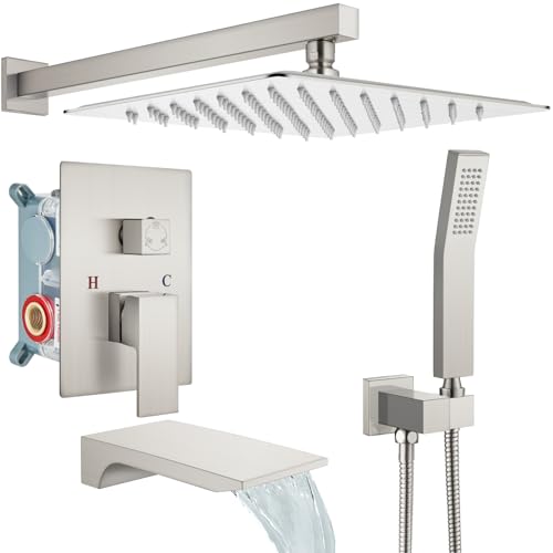 gotonovo Shower System with Tub Spout,Waterfall Tub Shower Faucet Set for Bathroom Head and Handle Set Wall Mounted 3 Function Rough-in Valve and Trim Included 12 inch Shower Head Brushed Nickel - color: Brushed Nickel, size: 12 inch Shower Head