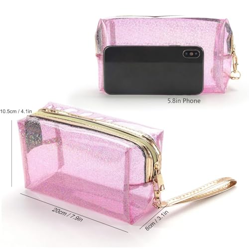 4Pcs Waterproof Cosmetic Bags PVC Transparent Zippered Toiletry Bag with Handle Strap Portable Clear Makeup Bag Pouch for Bathroom, Vacation and Organizing