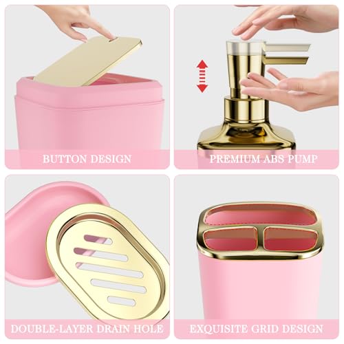 Bathroom Set - 11PC Bathroom Accessory Set, Bathroom Accessories Set, Pink Bathroom Set, Push-lid Trash Can, 3PC Soap Dispensers, Toilet Brush & Q-tip Holders - color: Light Pink & Gold, size: Bath Set