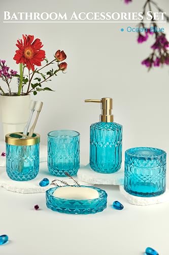 LaMarriti Teal Blue Bathroom Accessories Set, 5Pcs Clear Glass Bathroom Set, Hand Soap Dispenser Set, Soap Dish, Toothbrush Holder, Tumbler, Q-Tips Holder for Crystal Vantage Bathroom Decor - style: Teal Blue