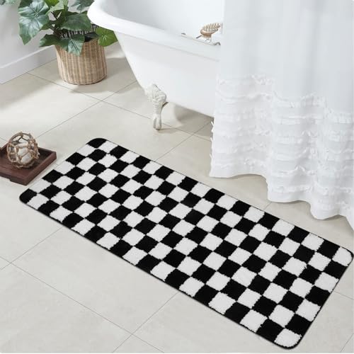 Uphome Bathroom Runner Rug, Black and White Checkered Long Machine Washable Bath Mat Non Slip, 18x47 Water Absorbent Soft Microfiber Bath Rug for Tub, Shower, Floor - size: 18x47 inch