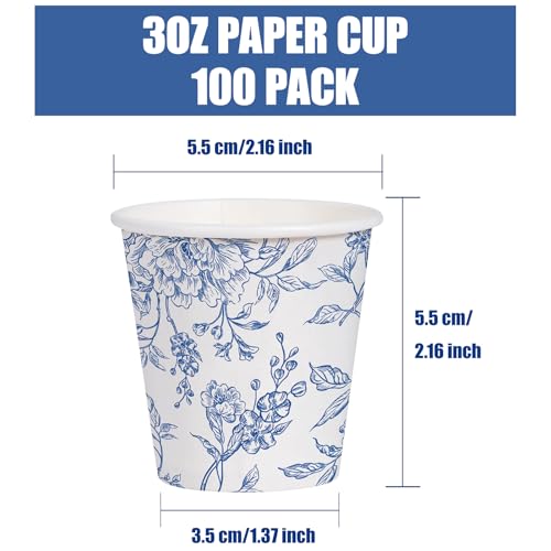 WRAPAHOLIC 3oz Paper Cups - 100 Pack Disposable Bathroom Cups with Toile Blue Floral Design, Small Mouthwash Cup for Toothbrush Rinse, Home Bathroom, Picnic, BBQ, Travel and Party - color: Blue and White Peony