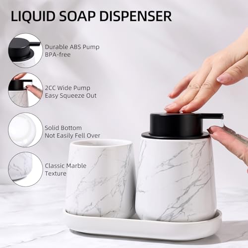 BosilunLife Ceramic Bathroom Accessories Set 3 Pcs, Liquid Soap Dispenser and Toothbrush Holder with Tray, Modern Farmhouse Vanity Decor, Narble Pattern Housewarming Gift (Marble-Liquid) - color: Marble, style: liquid
