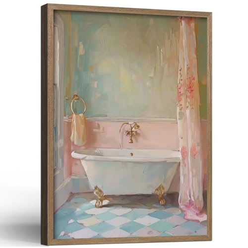 Framed Vintage Bathroom Canvas Wall Art Oil painting style Bathtub Print Poster Picture Home Decor Gallery Style Painting Bathroom Living Room Apartment 16X24 Inch Ready to Hang - color: Pink blue bathroom, size: 16L" x 24W"