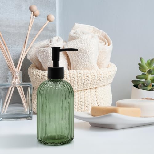 14oz Green Glass Soap Dispenser with Black Pump – Refillable for Hand Soap, Dish Soap, Lotion, Suited for Kitchen, Bathroom & Laundry Room (Olive Green) - color: Olive Green