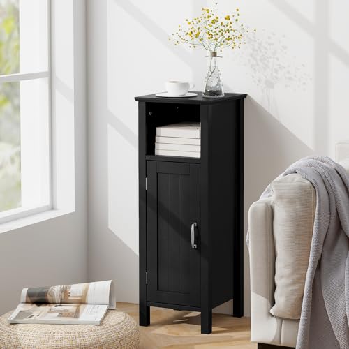 Tangkula Bathroom Floor Storage Cabinet With Anti-Tipping Device, 3-Height Adjustable Shelf, Wood Freestanding Side Cabinet for Home Office, 12 x 12 x 31.5 Inches (Black) - color: Black