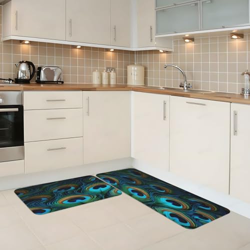 Peacock Green Feather Kitchen Rugs Mats Set of 2 Pcs Non-Slip Floor Mats Washable Runner Rugs Set for Bathroom Laundry Hallway Kichen Comfort Standing Mat - color: Peacock Green Feather