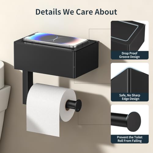 FORIOUS Toilet Paper Holder with Shelf, Sanitary Napkin Receptacle Tampon Holder, Wall Mount Toilet Paper Holder with Storage, Flushable Wipes Dispenser Fits for Bathroom Commercial(Black, 6.5 L) | The smaller, lighter box is not suitable for large wipes.
