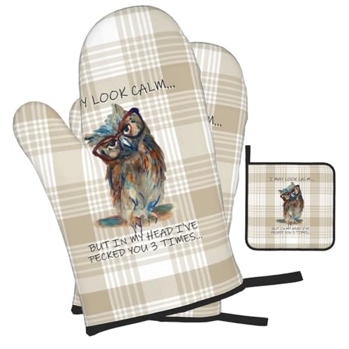 Funny Owl Oven Mitts and Pot Holders Sets of 3 Kitchen Hot Pads Cute Buffalo Plaid Oven Gloves Heat Resistant Washable for Cooking Grilling Baking Holiday Kitchen Decor - color: Funny Owl
