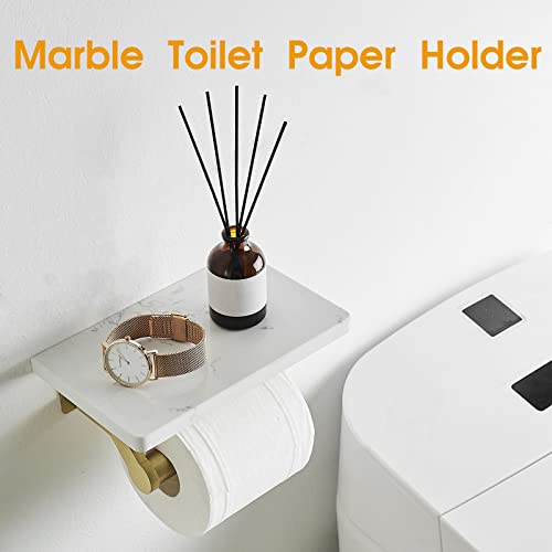 Hoimpro Brushed Gold Aluminum Toilet Paper Holder with White Natural Marble Shelf, Wall Mounted Tissue Hand Paper Roll Storage Holder for Bathroom Kitchen Washroom Bedroom - color: Gold