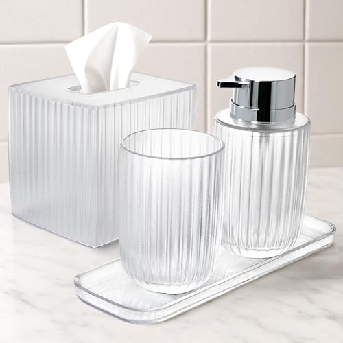 Decozen Bathroom Accessories - 4Pcs Bath Accessories for Home Decor Soap Dispenser, Lotion Dispenser, Tissue Box & Tray for Bath Decor Countertop Organizer - Christmas Decorations, Housewarming Gift - color: Clear