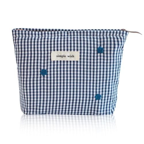 Wudygirl Makeup Bag Travel Cosmetic Bag for Women Small Makeup Pouch with Handle Zipper Cosmetic Pouch Handbag Aesthetic 8.3" x 5.9"(Navy Checkered) - color: Navy Checkered