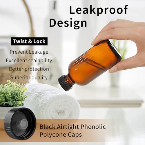 35 Pack 4oz Amber Glass Boston Round Bottles with Polycone Leak-Proof Phenolic Caps – Brown Airtight Refillable Containers for Homemade Vanilla Extract, Essential Oils, Herbal Medicine, and Syrups - size: 4oz
