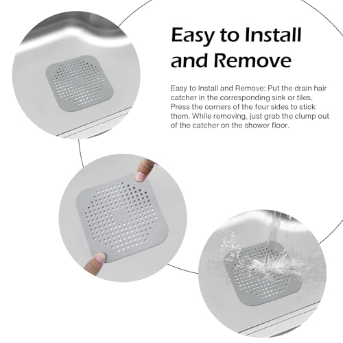 2 Pack Drain Hair Catcher Silicone Bathroom Accessories Square Drain Cover for Shower,Easy to Install Suit for Bathroom,Bathtub,Kitchen, Grey