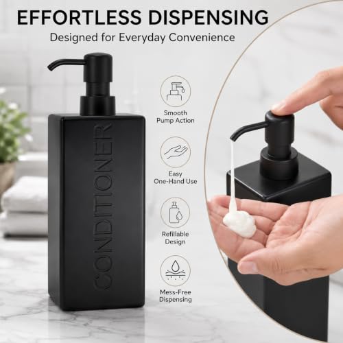 Rectangular Resin Dispenser Premium Bathroom Shampoo Conditioner Body Wash Bottle Modern Refillable Pump Design - color: Black
