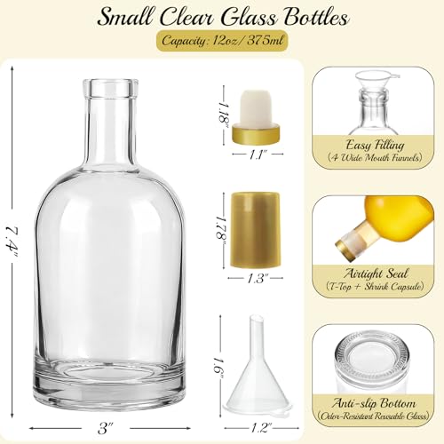 TBWIND 12 Pack 12oz/375ml Clear Glass Bottles with T-Top Cork Stoppers | Thick heavy base airtight wine & liquor bottles. Ideal for beverages, whiskey, oil, vinegar, wedding favors & crafts - color: 12oz/ 375ml, size: Clear