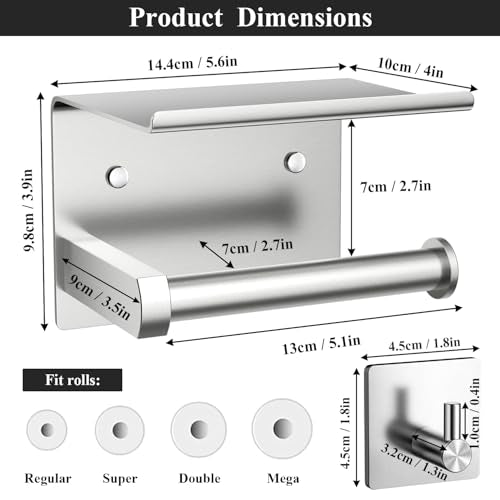 Tindbea Toilet Paper Holder Wall Mount + Towel Robe Hooks, Adhesive or Screw Wall Mounted Toilet Paper Roll Holder with Shelf, Stainless Steel Bathroom Organizers and Storage Kit (Brushed Nickel) - color: Brushed Nickel, size: Regular