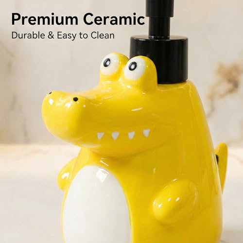 BOPPIE Cartoon Ceramic Soap Dispenser, Modern Countertop Hand & Dish Soap Dispenser for Bathroom/Kitchen for Kids, Refillable Liquid Soap Bottle with Rust Proof Pump (Ceramic Alligator) - color: Ceramic Alligator