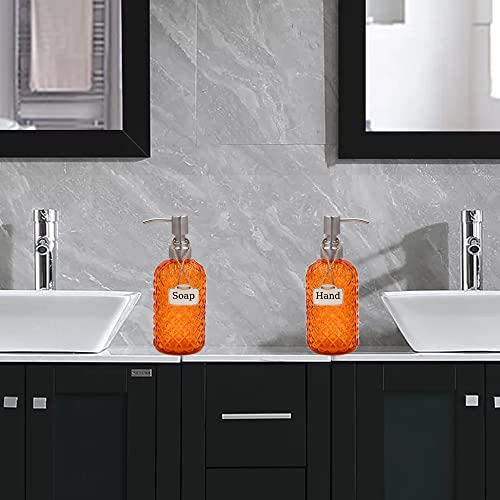 16 oz Diamond Pattern Glass Soap Dispenser, Kitchen and Bathroom Refillable Soap Dispenser with Rust Resistant Stainless Steel Pump for Hand Soap, Lotion Glass Liquid Dispenser (2pack) - color: Orange-2pack
