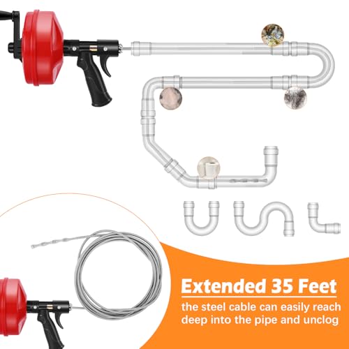 35 FT Double Mode Drain Snake Tools, 14-in-1 Drain Auger for Sink and Drain Unblocking, Plumbing Snake for Kitchen, Bathrom and Shower Sink, Snake for Real DYIs【Upgraded】 - color: 35ft-n-red&black