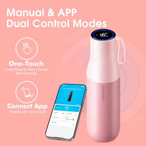 VSITOO S1 Pro 15oz Insulated Stainless Steel Self-Cleaning Water Bottle | Mini 15oz Insulated Bottle With Auto Self-Cleaning, App or Touchscreen Control, Temp Display, 30-Day Battery & 24H Cold - color: Pink, size: 15 Ounces
