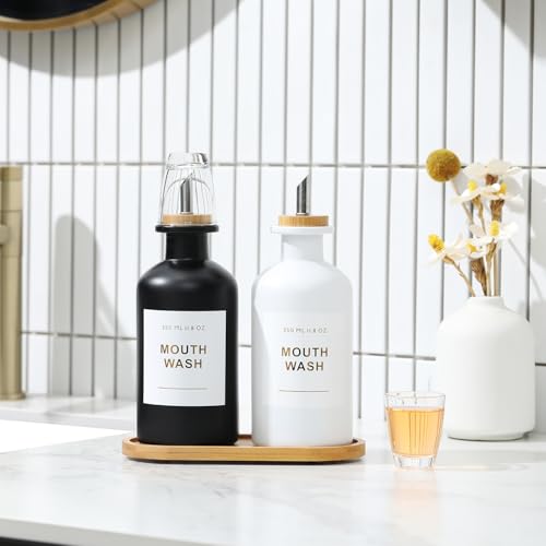 11.8OZ Mouthwash Dispenser for Bathroom with Bamboo & Stainless Steel Pour Spout, Mouthwash Cups Reusable, Bamboo Tray, and Elegant Gold Label. Set of 2（Black/White - color: Black/White/350*2