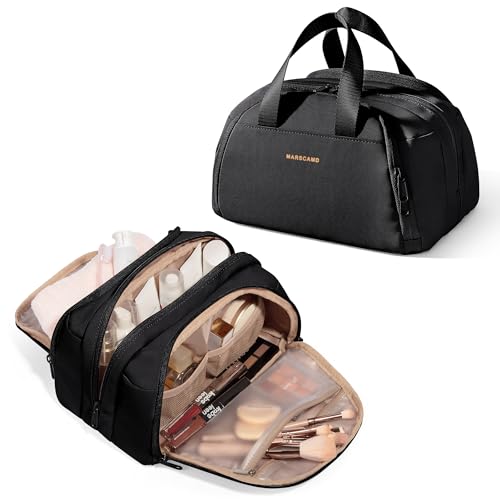 Marscamd ravel Makeup Bag for Women, Lay-Flat Toiletry Organizer, Black | Lay-flat design, waterproof wet & dry pockets, 3-section organization & lightweight carry - color: Black
