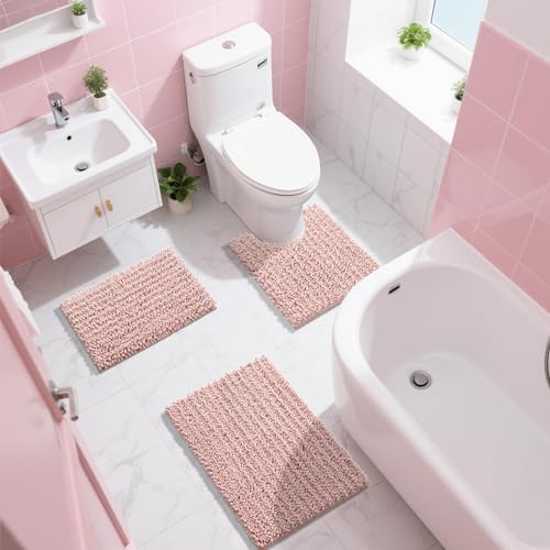Yimobra Bathroom Rugs Non Slip Washable - Ultra Soft Absorbent Chenille Bath Mat, Quick Dry Shaggy Floor Carpet for Tub Shower, Light Pink Home Decor Accessories, 24x17 Inch - color: Light Pink, size: 24" X 17"
