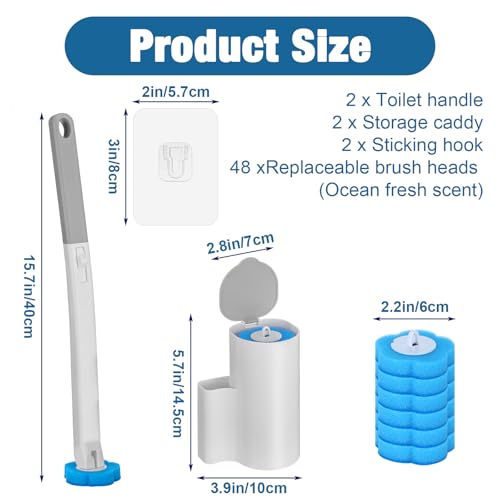2 Pack Disposable Toilet Brush with 48 Refills, Toilet Bowl Cleaner Toilet Brush and Holder Set for Bowl Cleaners Bathroom Cleaning Bathtub