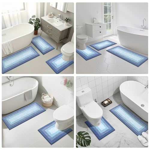 Bsmathom Microfiber Bathroom Rugs Sets 3 Piece, Non-Slip Absorbent Bath Mats, Soft Shaggy Bathroom Rugs with U-Shaped Toilet Rug Machine Washable Bath Rugs, Light Blue - color: Light Blue, size: 18"x26"+18"x48"+U Shape 20"x24"