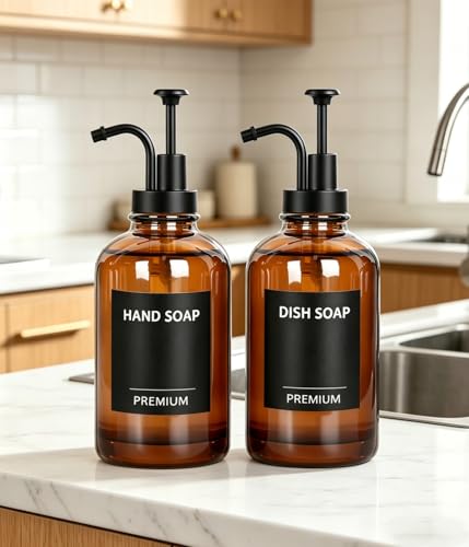 Amber 18 Oz Dish Soap Dispenser for Kitchen, Ultra-Thick Glass Soap Dispenser Set with Tray, Pump, Funnel for Bathroom, Liquid, Lotion, Shower, Laundry, (2 Pack with 12 Stickers) - color: Amber, size: 18Oz